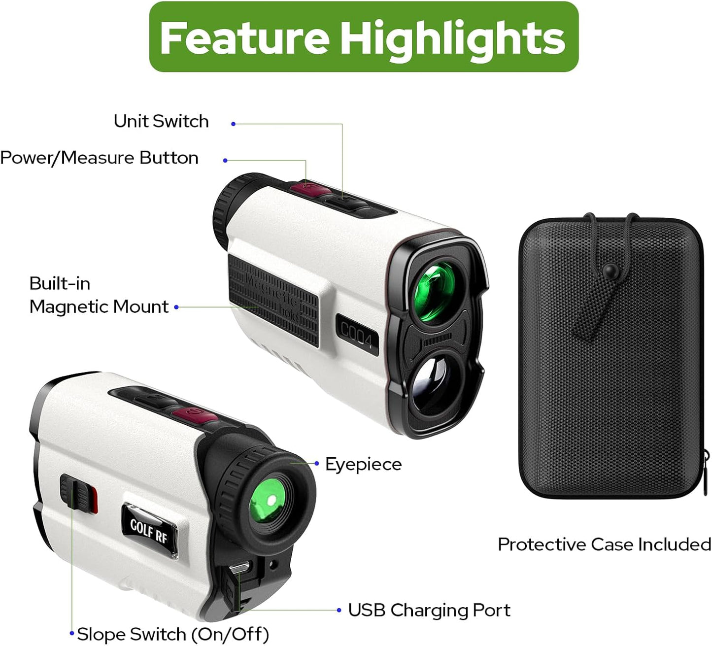 Golf Rangefinder with Slope, 1200 Yards Laser Range Finder with High-Precision Flag Pole Locking Vibration, 7X Magnification, Rechargeable Battery