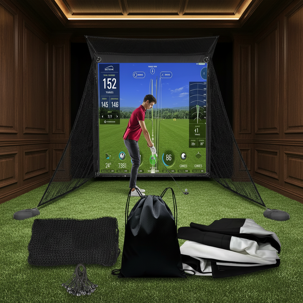Golf Simulator Impact Screen with Black Double Layer Blackout Cloth Shank Side Net Ropes ;High Definition Premium 4K Projection Screen for Golfer