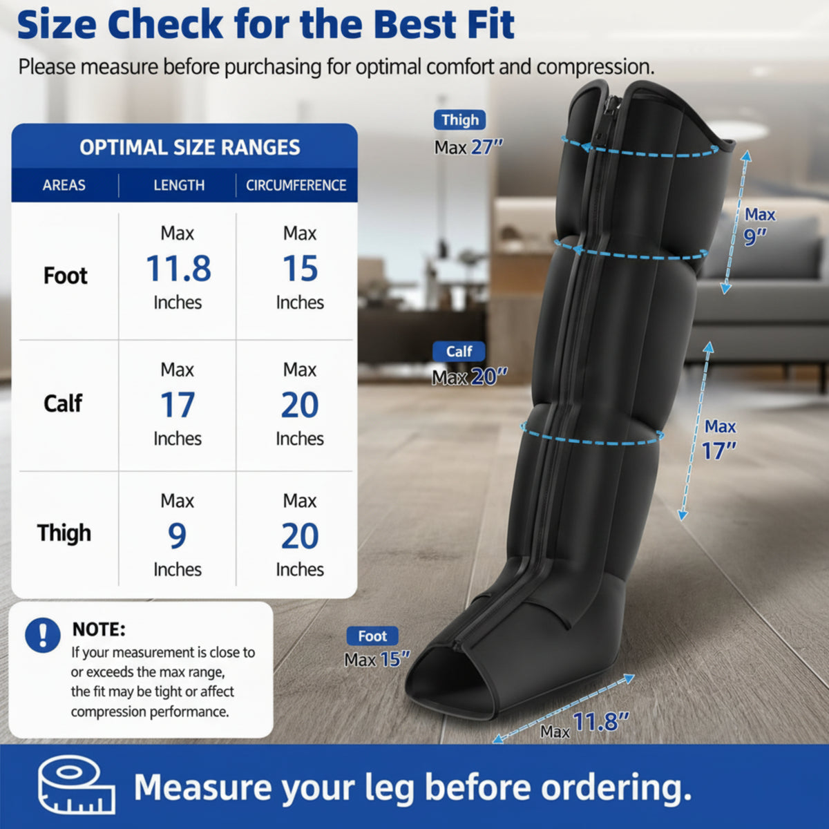 Full-Leg Compression Boots, Medium, Black, 8 Pressure Levels
